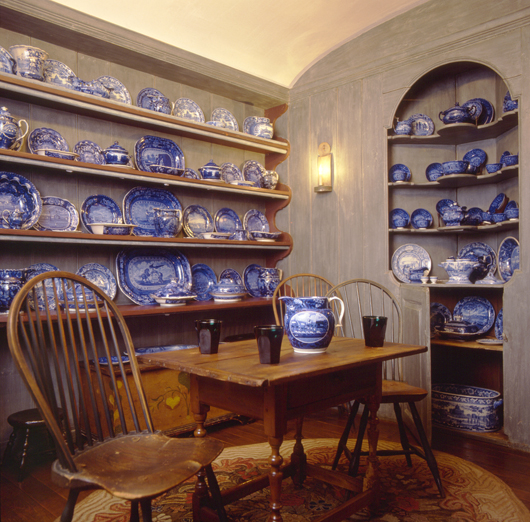 Henry Francis du Pont was an enthusiastic collector of transfer-printed American views, which he used to create this impressive display in the Blue Staffordshire Room at Winterthur. Courtesy, Winterthur; photo by Lizzie Himmel.